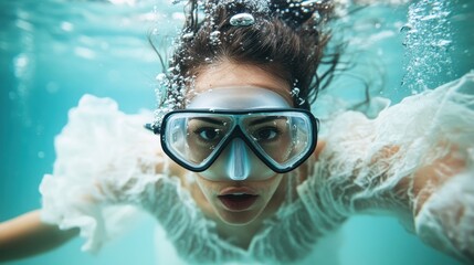 Naklejka premium A dramatic underwater exploration captured as a woman swims elegantly in a white gown, evoking a sense of ethereal beauty and mystery amid clear waters.