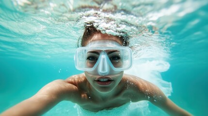 Naklejka premium A person captures an exciting underwater adventure, wearing goggles and swimming through clear blue waters. The moment is filled with curiosity and exploration.