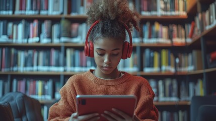 A Gen Z student studying in a modern library, using a tablet and wireless headphones, surrounded by books and digital devices, multitasking between a study app and social media