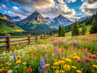 Fototapeta premium breathtaking landscape featuring dazzling array of wildflowers in vibrant hues, set against majestic mountains and clear blue sky. scene evokes sense of tranquility and natural beauty