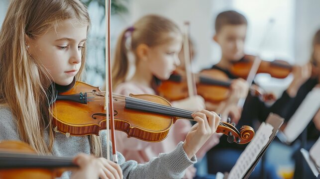 A group of children learning to play the violin in a music classroom, with a teacher guiding them, adjusting their posture and bow technique