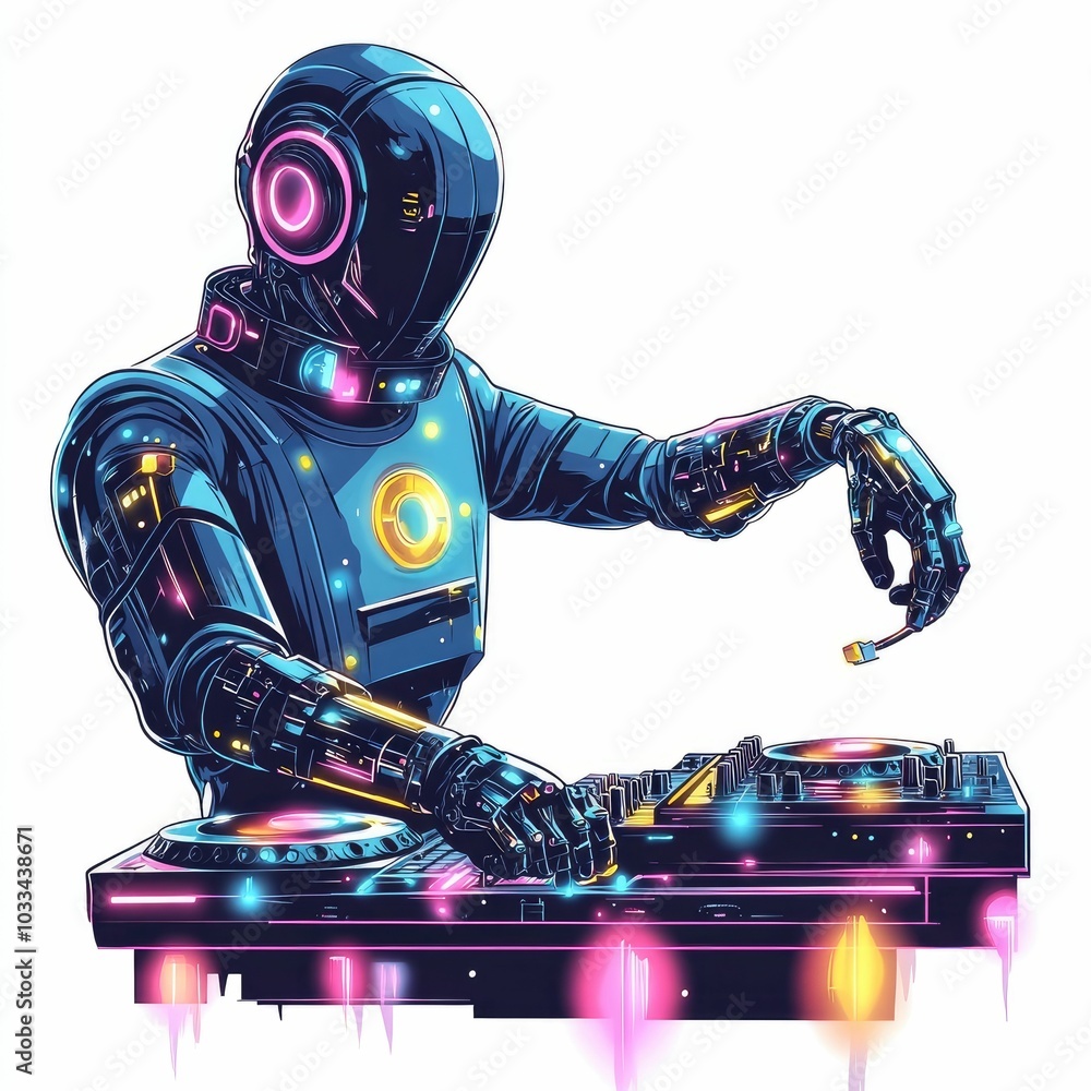 Poster a cybernetically enhanced dj mixing music on a high tech digital console surrounded by neon lights a
