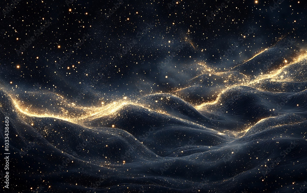 Poster A breathtaking cosmic scene of swirling dark space filled with shimmering stars and glowing waves of light, creating a sense of wonder and the vastness of the universe.