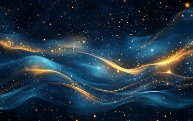 Obraz premium A mesmerizing abstract representation of blue waves interspersed with golden shimmering particles against a dark background.