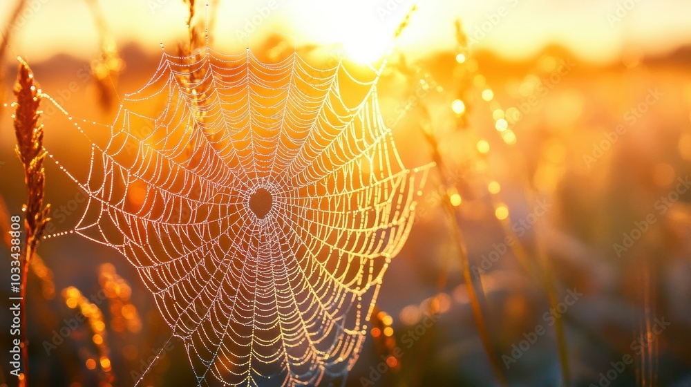 Wall mural close-up of a spider web in a meadow during sunrise