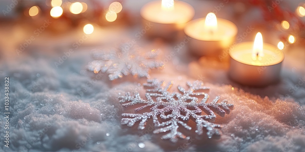 Aufkleber christmas snowflakes with candles on a light backdrop. selective focus. a space for copy. top view. 