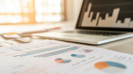 Business analytics report with graphs, laptop, and office supplies
