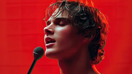 An artist delivers a powerful vocal performance, fully immersed in the moment with dynamic red lighting enhancing the atmosphere
