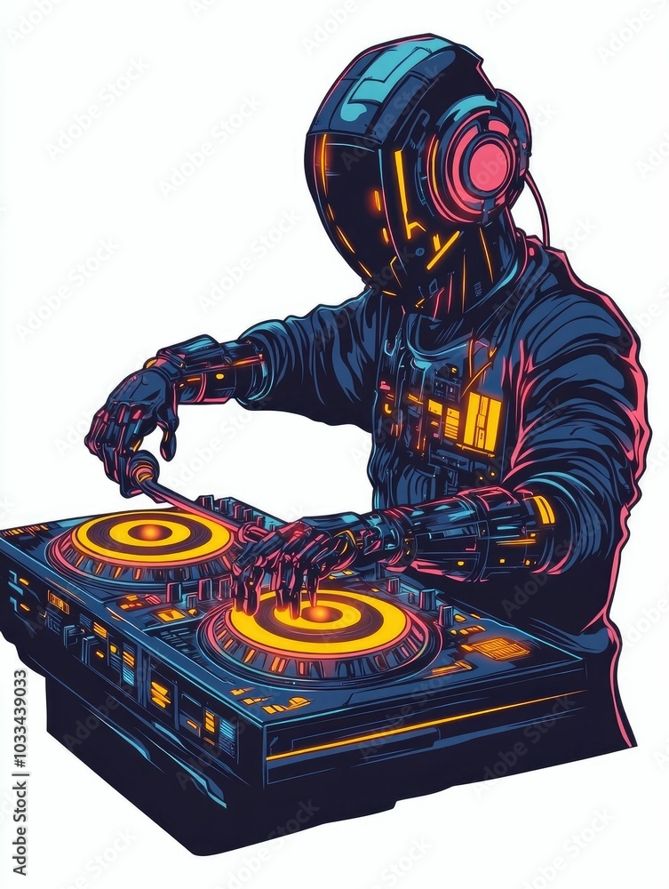 Poster vibrant and dynamic depicting a cyber dj with a robotic arm adjusting the glowing turntables of a re