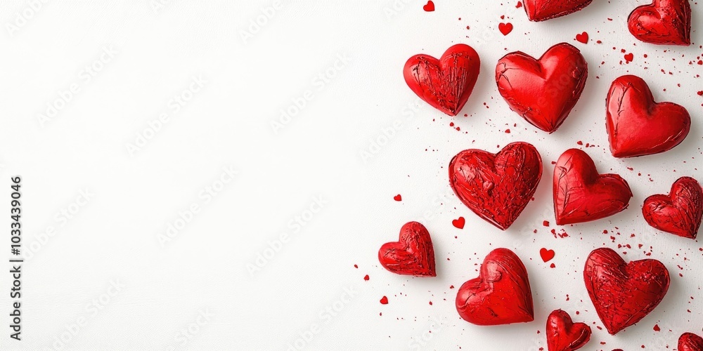 Poster white background featuring red hearts and copy space