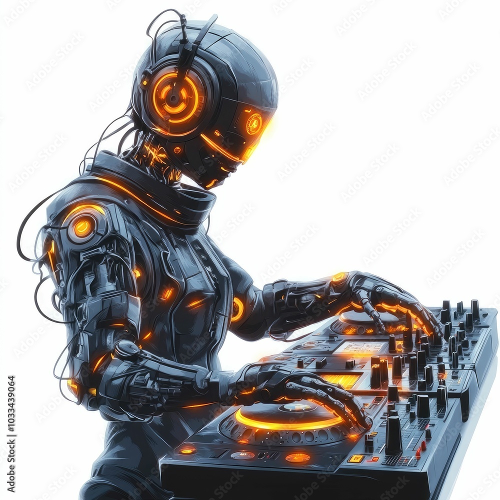 Poster robotic dj with cybernetic enhancements controlling advanced futuristic sound equipment and lighting