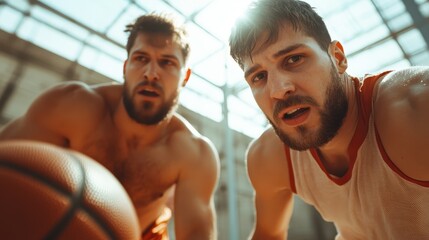 Two determined young men during an intense game of basketball on an urban court, riveting expressions and dynamic positioning under harsh sunlight light, building competition.
