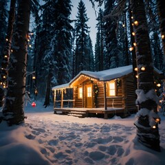 Cozy Snow-Covered Cabin with Christmas Lights in a Winter Forest