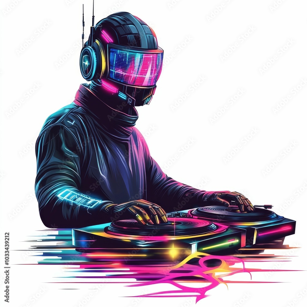 Poster cybernetic dj with neon turntables and vibrant soundwaves retro realism design futuristic music perf