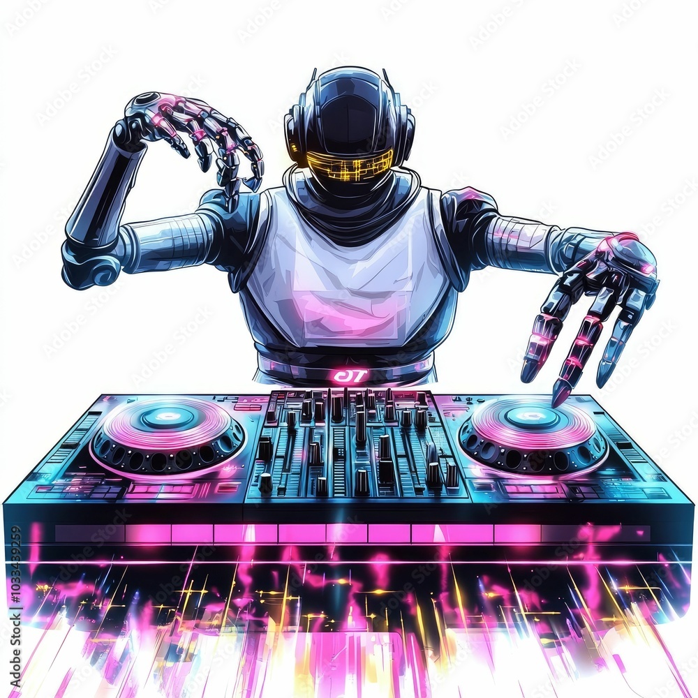 Poster robotic dj with advanced cyborg arms controlling a futuristic mixer amidst a vibrant neon lit settin