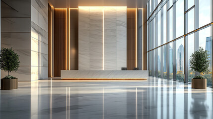 Obraz premium A large, bright, and modern business building lobby features white marble floors and glass windows on the walls