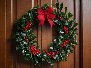 Festive Christmas Wreath with Red Bow and Holly Berries on Wooden Door