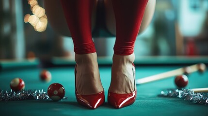 A fashionable pair of shiny red heels balanced gracefully on a billiard table amid an arrangement of billiard balls, capturing a playful moment with stylish flair.