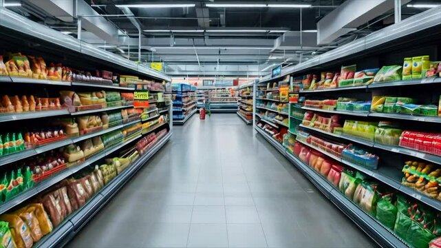 A bustling supermarket interior featuring shelves stocked with food and boxes, alongside a cozy library space with books neatly organized on racks, creating a vibrant shopping atmosphere