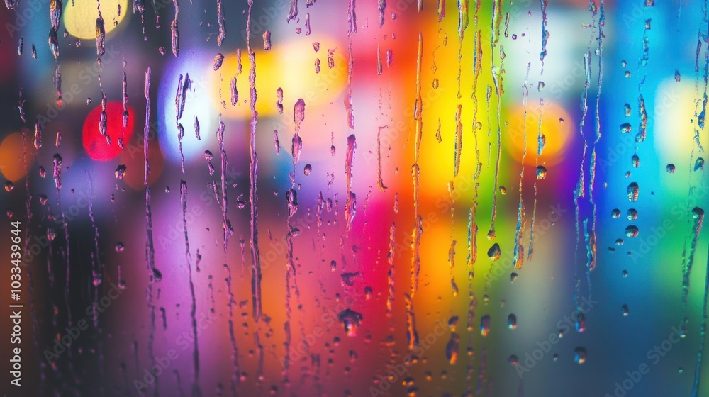 Poster raindrops on a window pane with blurred city lights in the background, creating a colorful and abstr