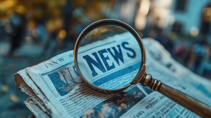 Magnifying glass highlighting "NEWS" on a newspaper, concept of investigation