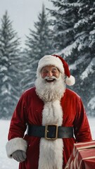 Santa Claus Holding a Gift in a Snowy Forest