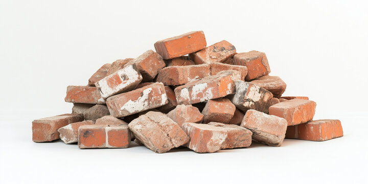 Pile of recycled red bricks on white background
