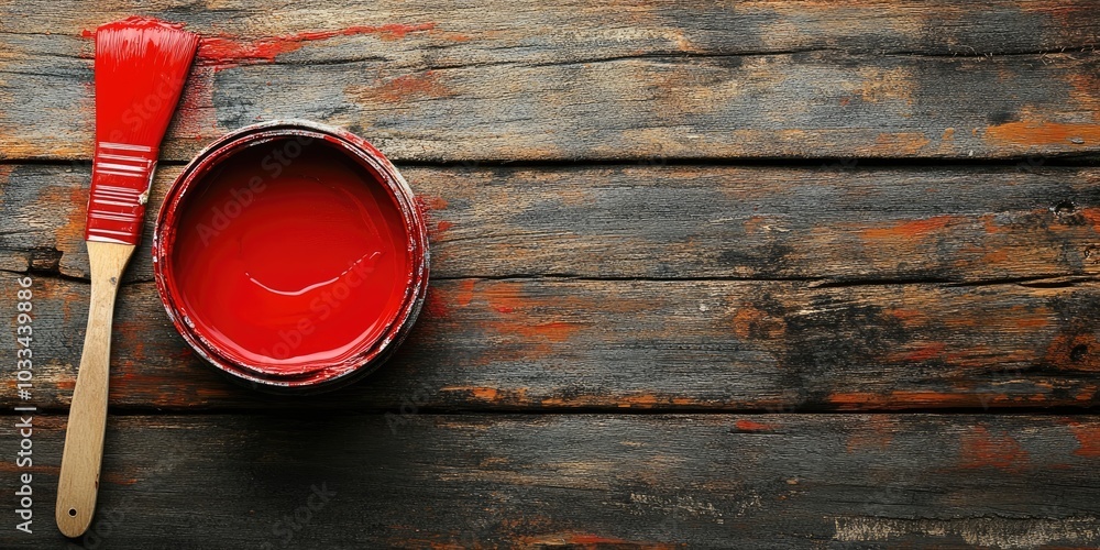 Poster Red paint in a container for repairing and brushing on an old wooden background with copy space for your text. Top view.