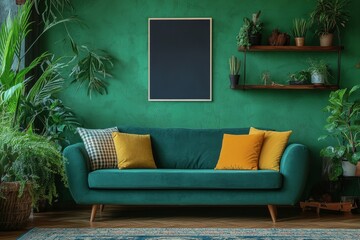 Modern and colorful interior of living room with design boucle sofa, mock up poster, shelf, plants, decorations and personal stuff. Home decor, Generative AI