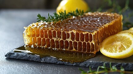 Fresh Honeycomb with Lemon and Herbs on Slate Tray