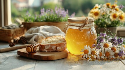 Fresh Honey and Bread with Flowers in Natural Setting