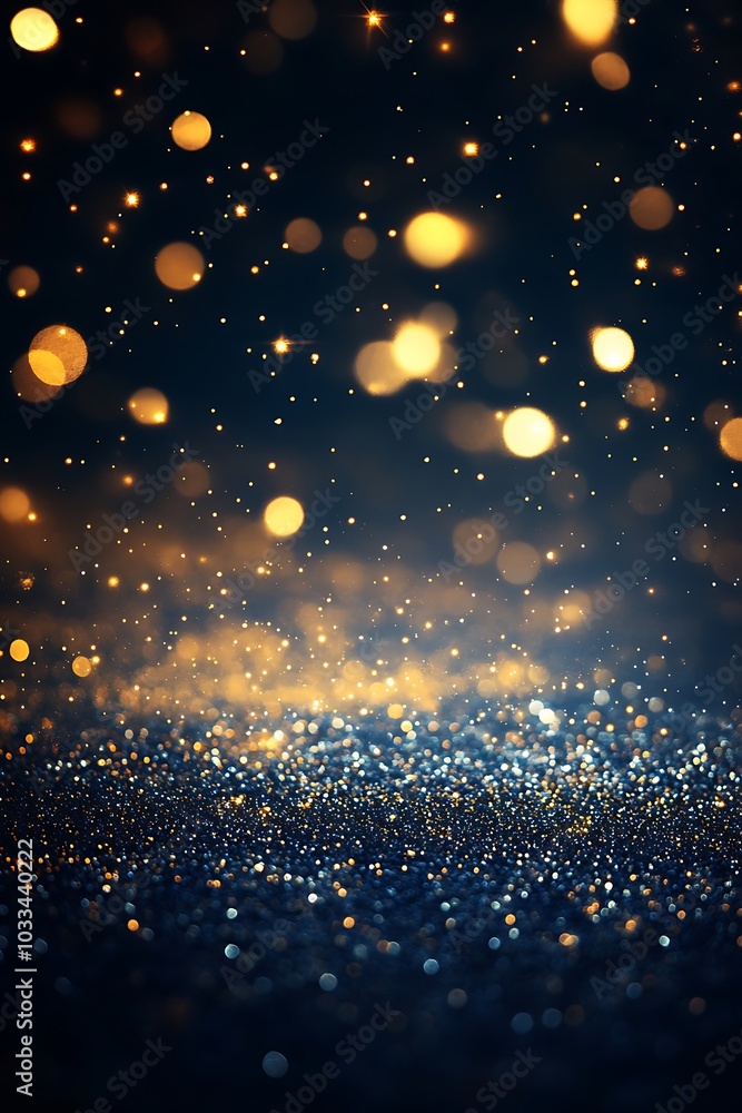 Fototapete A close-up image of shimmering golden particles against a dark background, creating a dreamy, festive atmosphere filled with soft bokeh lights.