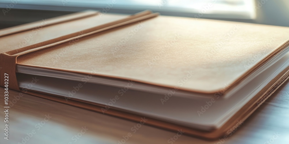 Aufkleber material folder with blank paper stationery in closeup. desktop mockup for office design. business i