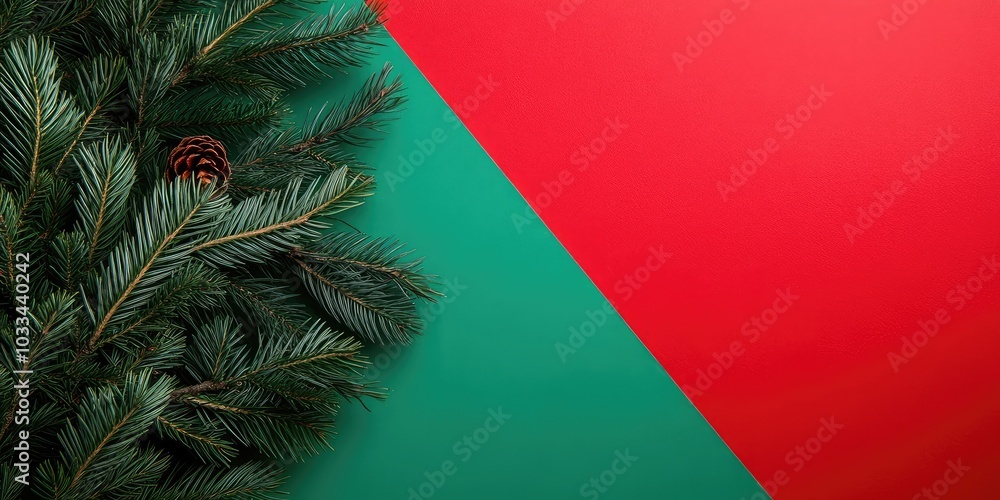 Poster christmas tree branch against a red and green background. top view, flat lay. copy space for text. x