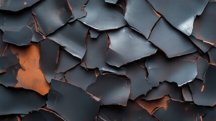 A close-up capture of cracked black and orange paint layers revealing contrasting textures, representing decay, transformation, and the beauty of aging surfaces.