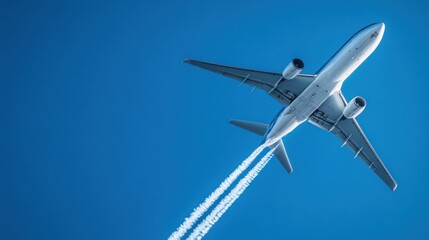 Obraz premium A white passenger airplane flies through a clear blue sky leaving contrails behind it.