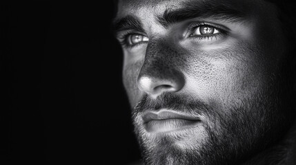Obraz premium Black and white portrait of a handsome young man with a captivating gaze, highlighting his masculine features and intense expression