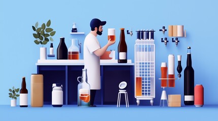 A crafty bartender prepares unique craft beverages in a bright, modern workshop setting with various bottles and tools in view