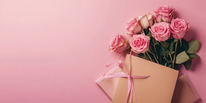 Gift bag featuring a bouquet of pink roses and a gift box on a pastel pink background, with space for text. Flat lay, top view, suitable for birthdays, Mother's Day, or St. Valentine's.