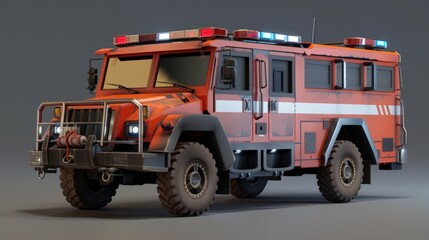 Create dynamic 3D models of emergency response vehicles and equipment, including fire engines, ambulances, and searchandrescue vehicles