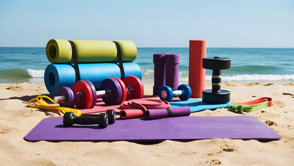 The beach healthy background. Outdoor photo of fitness and workout accessories on the beach.