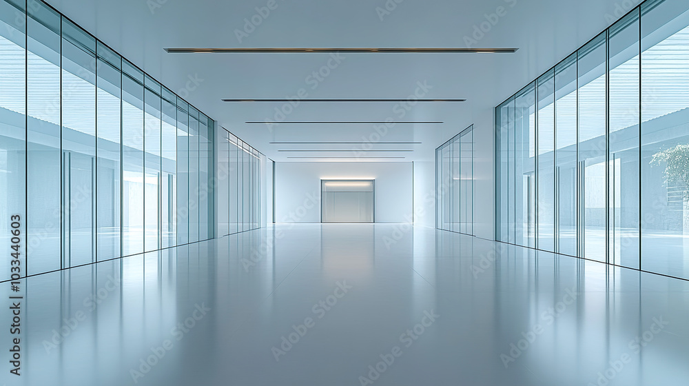 Aufkleber a wide-angle view of an empty modern office building with large windows and white walls