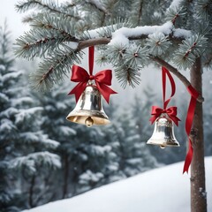 Christmas Bells Hanging on Snowy Pine Tree Branch