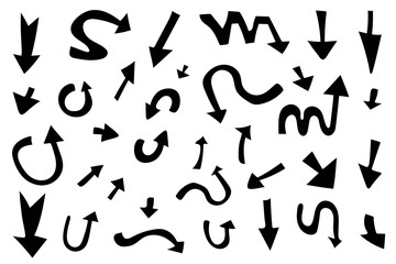 Black arrows point in various directions and various arrow shapes, straight, curved, circular, curved