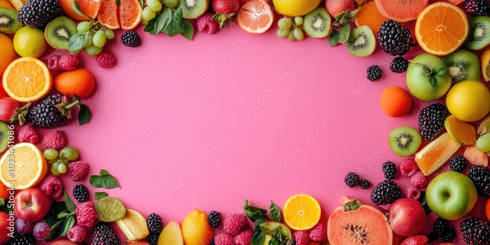 Poster colorful summer fruits border a pink background from a top view with copy space.
