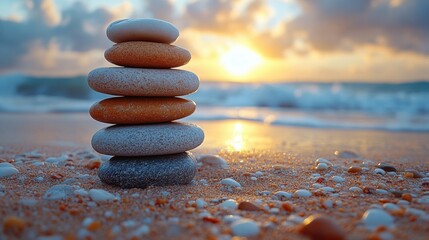 A stack of smooth stones balanced on a sandy beach, zen concept, space for text