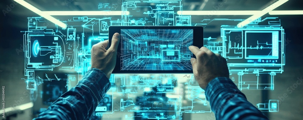 Poster innovative tech visualization with digital interface