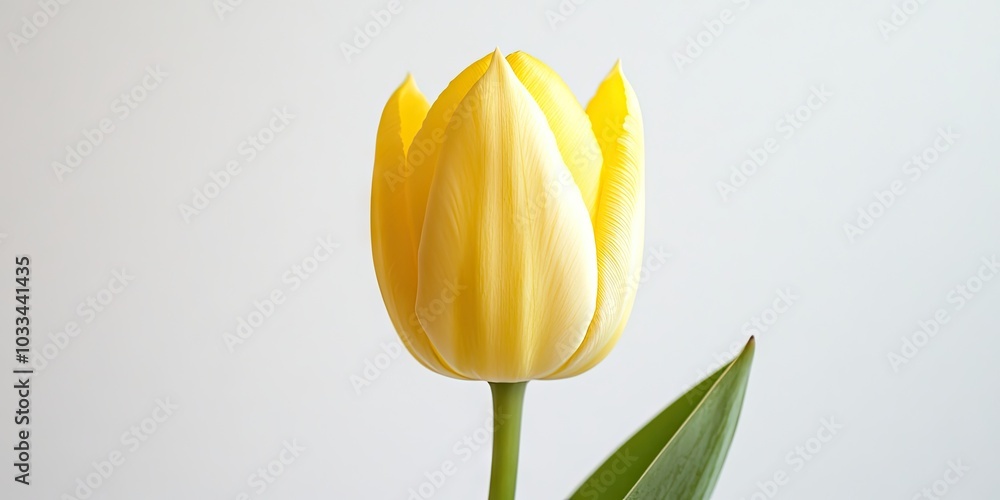 Poster Close-up of an isolated yellow tulip on a white background in a studio.
