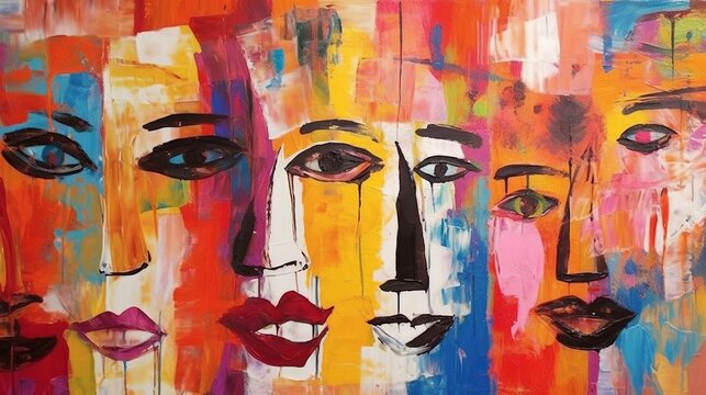 Abstract painting serialism faces with colors make repeated pattern.