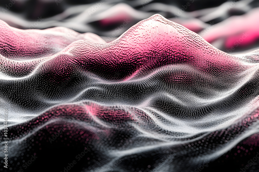 Poster a black and white image of a wave with a red and pink tint. the image has a futuristic and abstract 
